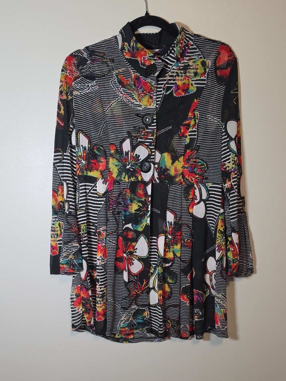 Ali Miles Black Floral Stripe Button-Front Mesh Long Sleeve Top Tunic